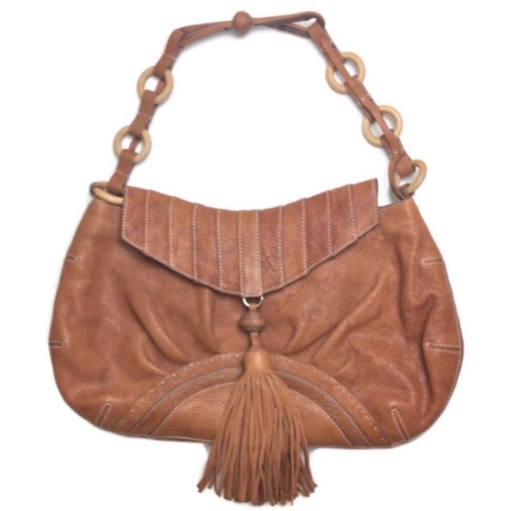 Anya Hindmarch Bohemian Patchwork Tassel Tan Leather Flap Top Shoulder Bag